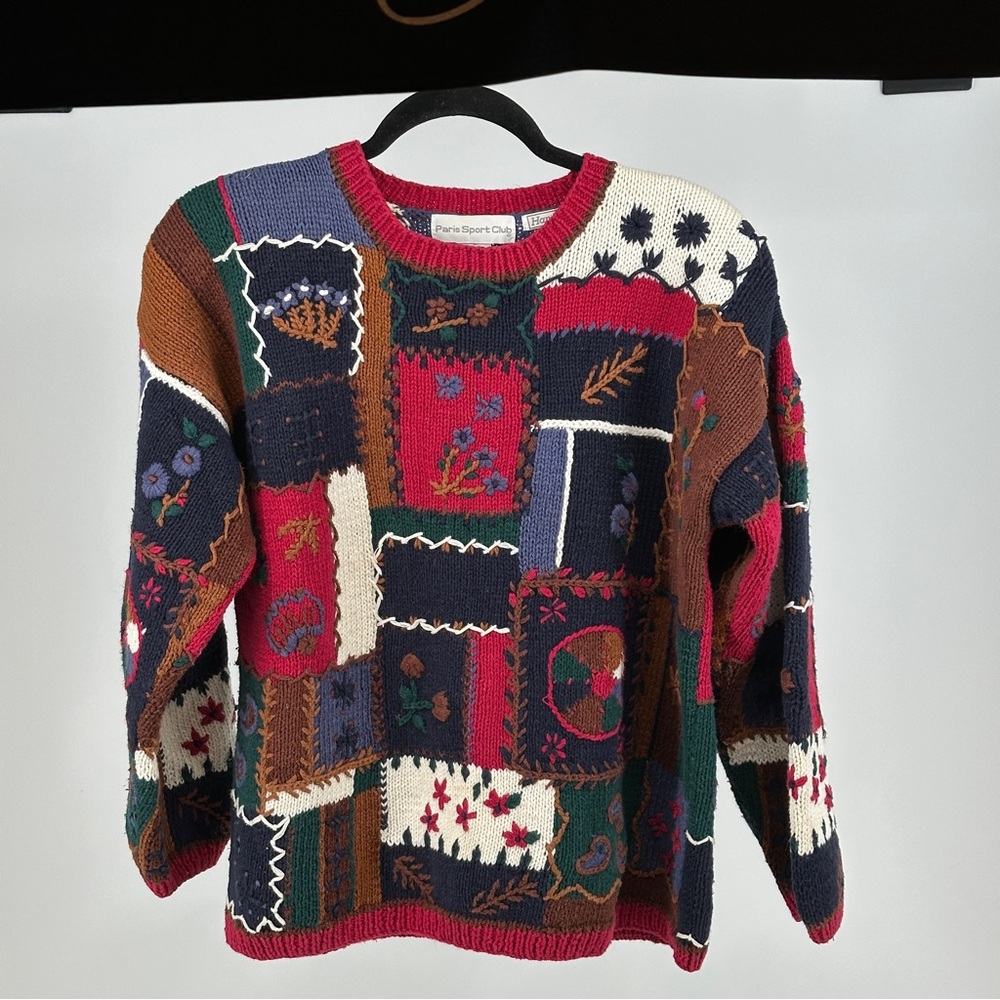Vintage 90’s Vibrant Patchwork Paris Sport Club‎ Crew Neck Sweater Small Cotton